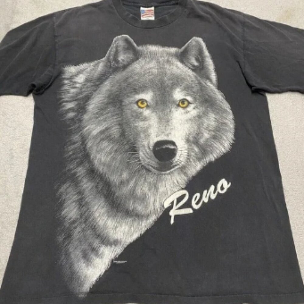 Vintage Wolf T Shirt Mens XL Black Mega Print Reno Graphic 90s Single Stitch